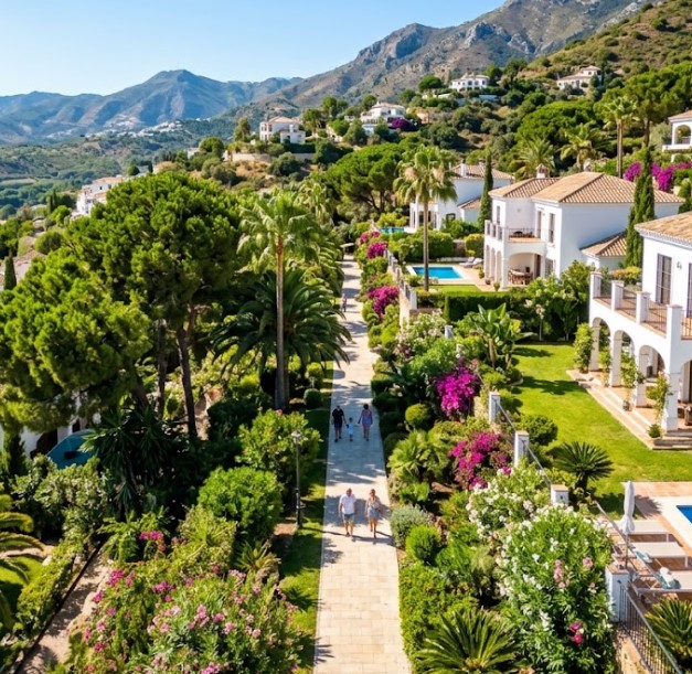 Vistas de las villas, jardines y calles residenciales de la urbanización La Sierrezuela en Mijas, Málaga